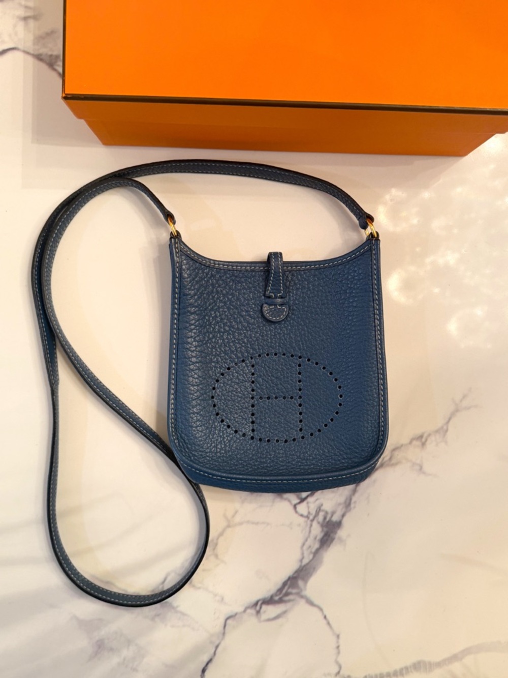 Hermès Evelyne Mini TPM 💙 Blue Jean with Gold Hardware